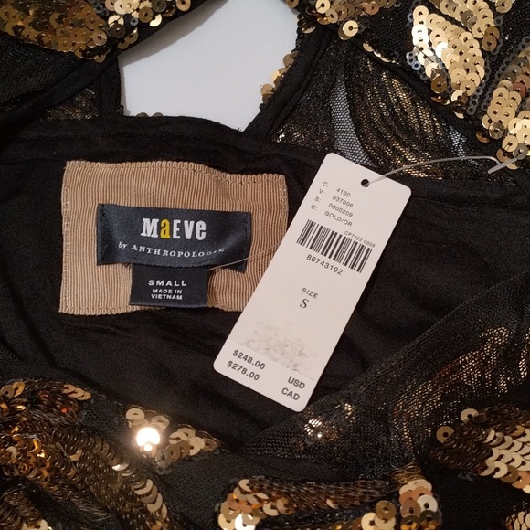 Anthropologie Maeve Black and Gold Sequin Floral Mini Dress Small NWT - Picture 2 of 3